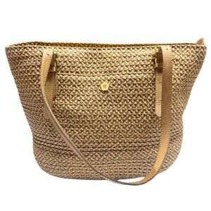 Eric Javits New York Squishee Woven Raffia Tan Tote Bag EJ Logo Gold Hardware